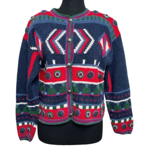 funsport Sweaters - Funsport Womens Small Multicolor Chunky Ramie Cotton Button Round Neck Cardigan